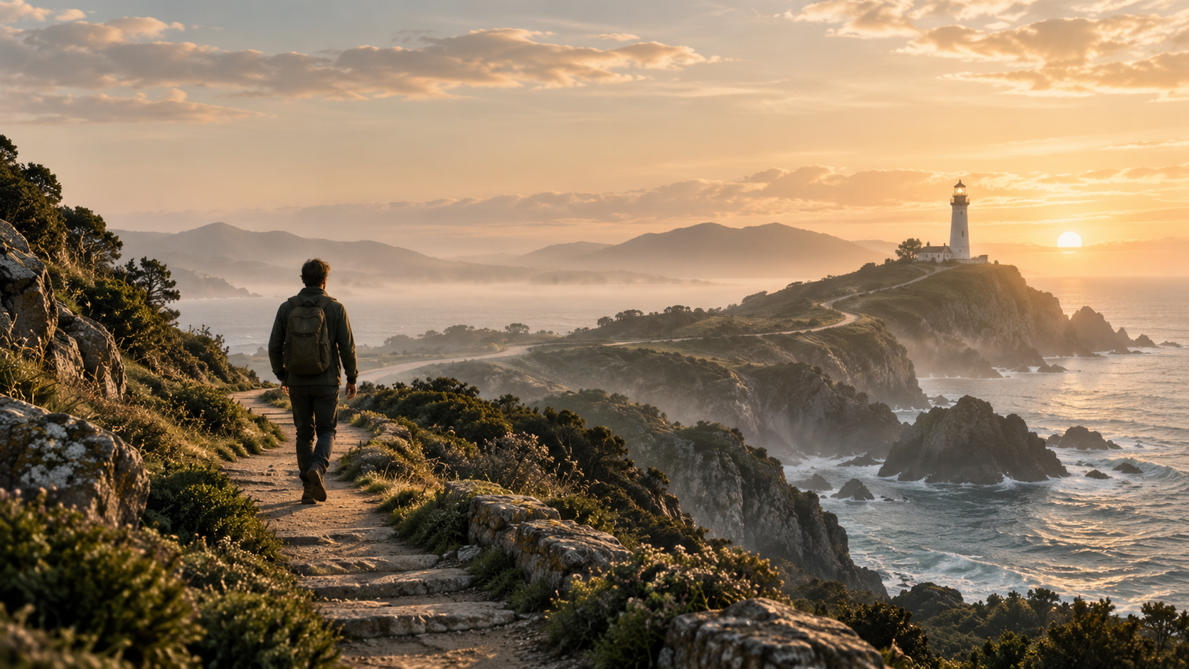A person walking a coastal path toward a lighthouse at sunrise